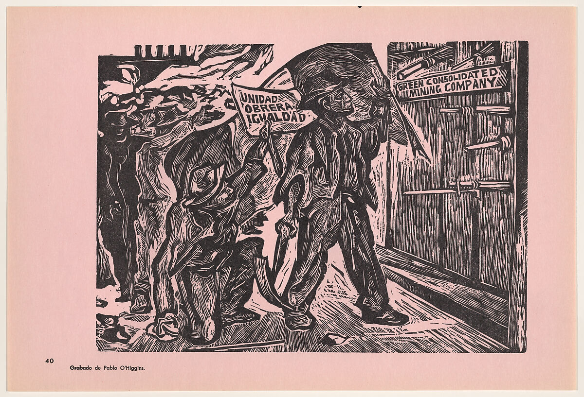 The strike of Cananea; Mexican workers claiming equal rights with the American workers (La huelga de Cananea: los obreros mexicanos reclaman igualdad de derechos frente a los obreros yanquis), Plate 40 from "450 Años de Lucha: Homenaje al Pueblo Mexicano" (450 Years of Struggle: Homage to the Mexican People), Pablo Esteban O&#39;Higgins (American, Salt Lake City, Utah 1904–1983 Mexico City), Offset lithograph 