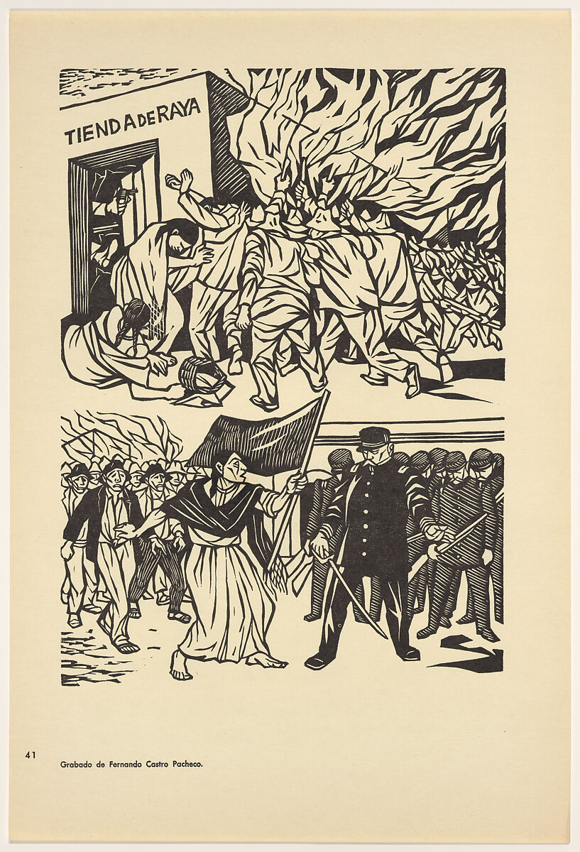 The strike of Rio Blanco: textile workers take up the fight, 7 January 1907 (La huelga de Rio Blanco: los obreros textiles se lanzan a la lucha. 7 de enero de 1907), Plate 41 from "450 Años de Lucha: Homenaje al Pueblo Mexicano" (450 Years of Struggle: Homage to the Mexican People), Fernando Castro Pacheco (Mexican, Mérida, Yucatán 1918–2013 Mérida, Yucatán), Offset lithograph 