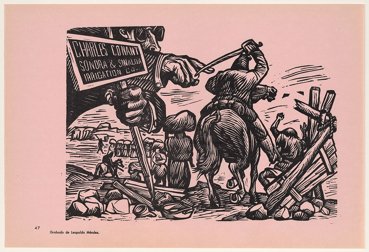 Dispossion of the land to the yankees. Don Porfirio's army at the service of yankees companies (Despojo De La Tierra A Los Yaquis (El Ejercito De Don Porfirio Al Servicio De Las Empresas Yanquis)), Plate 47 from "450 Años de Lucha: Homenaje al Pueblo Mexicano" (450 Years of Struggle: Homage to the Mexican People), Leopoldo Méndez (Mexican, 1902–1969), Offset lithograph 