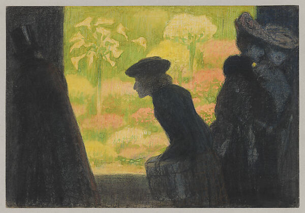 Street scene with strollers in front of an illuminated window, Paris