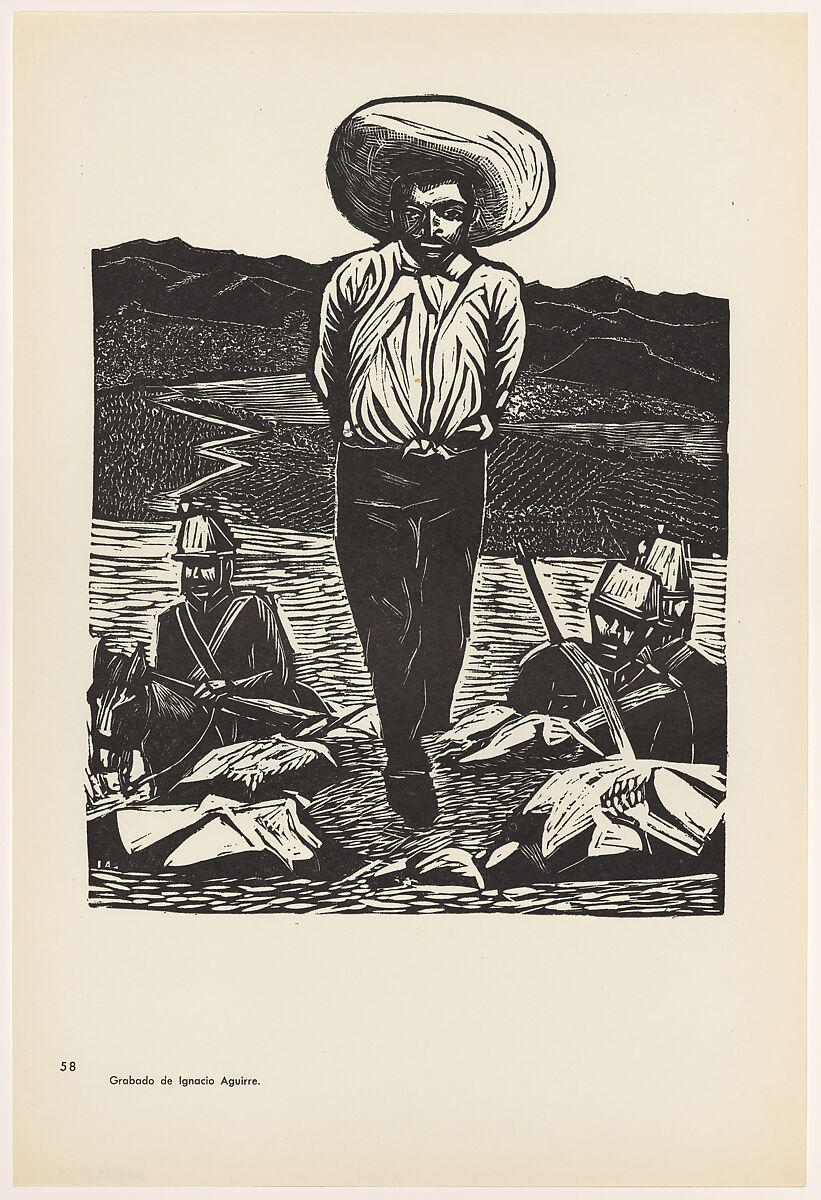 Emiliano Zapata taken prisoner in response to his fight for the rights of campesinos (Emiliano Zapata hecho prisionero en su lucha en favor de los campesinos, 1908), Plate 58 from "450 Años de Lucha: Homenaje al Pueblo Mexicano" (450 Years of Struggle: Homage to the Mexican People), Ignacio Aguirre (Mexican, San Sebastián, Jalisco 1900–1990 Mexico City), Offset lithograph 