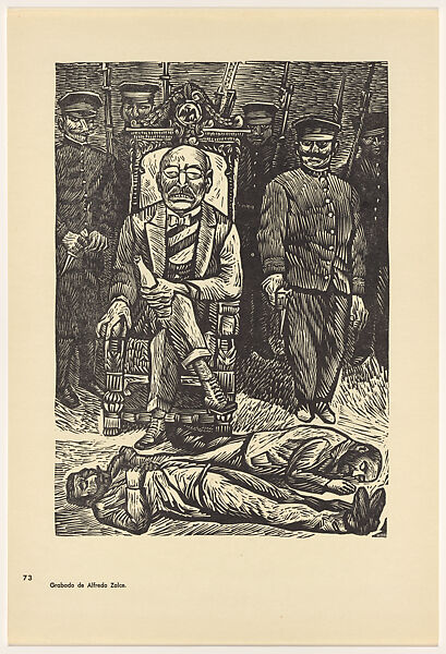 The criminal Victoriano Huerta seizing power on 19 February 1913 (El criminal Victoriano Huerta se adueña del poder, 19 de febrero de 1913), Plate 73 from "450 Años de Lucha: Homenaje al Pueblo Mexicano" (450 Years of Struggle: Homage to the Mexican People), Alfredo Zalce (Mexican, Pátzcuaro, Michoacán 1908–2003 Morelia), Offset lithograph 