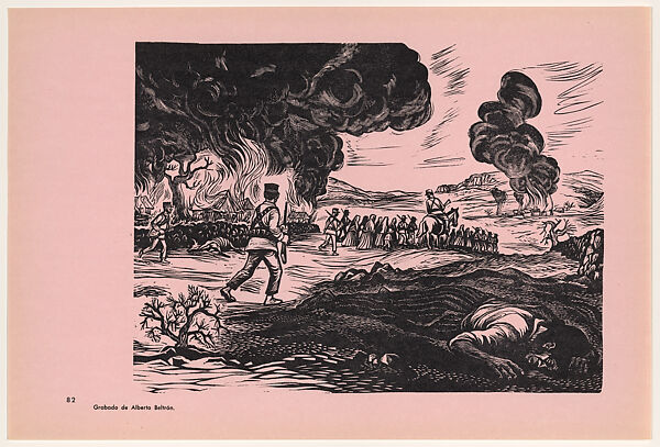 Attempts by the Victoriano Huerta dictatorship to destroy Zapatismo (Intentos de la dictadura de Victoriano Huerta por liquidar el Zapatismo), Plate 82 from "450 Años de Lucha: Homenaje al Pueblo Mexicano" (450 Years of Struggle: Homage to the Mexican People), Alberto Beltrán (Mexican, Mexico City 1923–2002 Mexico City), Offset lithograph 