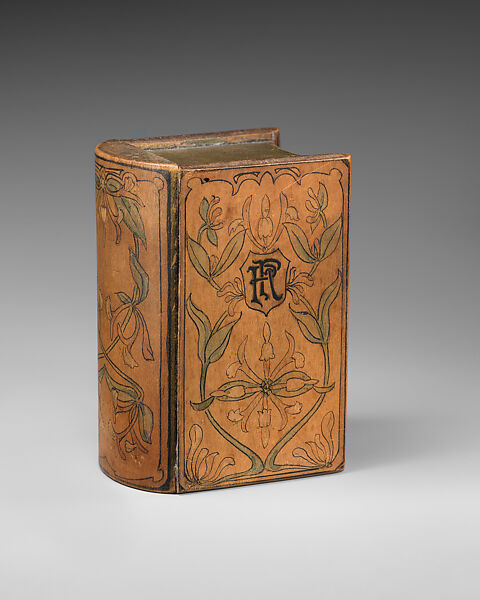 Three-drawer miniature chest in book form, decorated in art nouveau style with, PR monogram