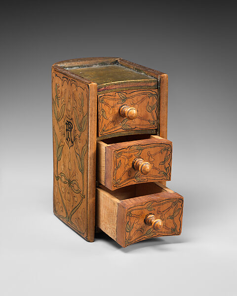 Three-drawer miniature chest in book form, decorated in art nouveau style with, PR monogram 