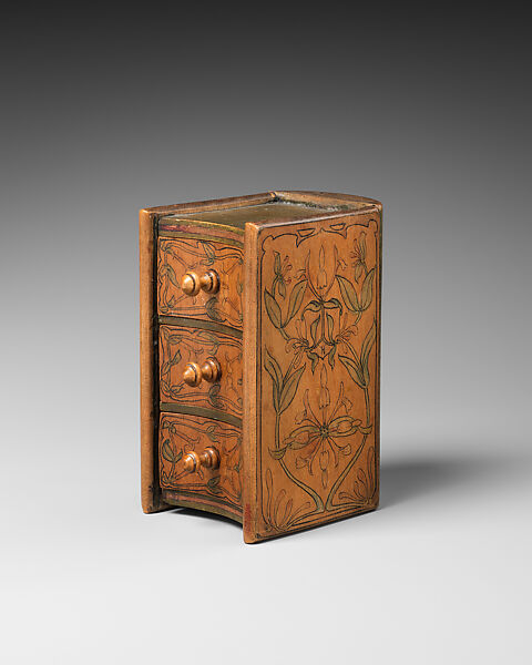 Three-drawer miniature chest in book form, decorated in art nouveau style with, PR monogram