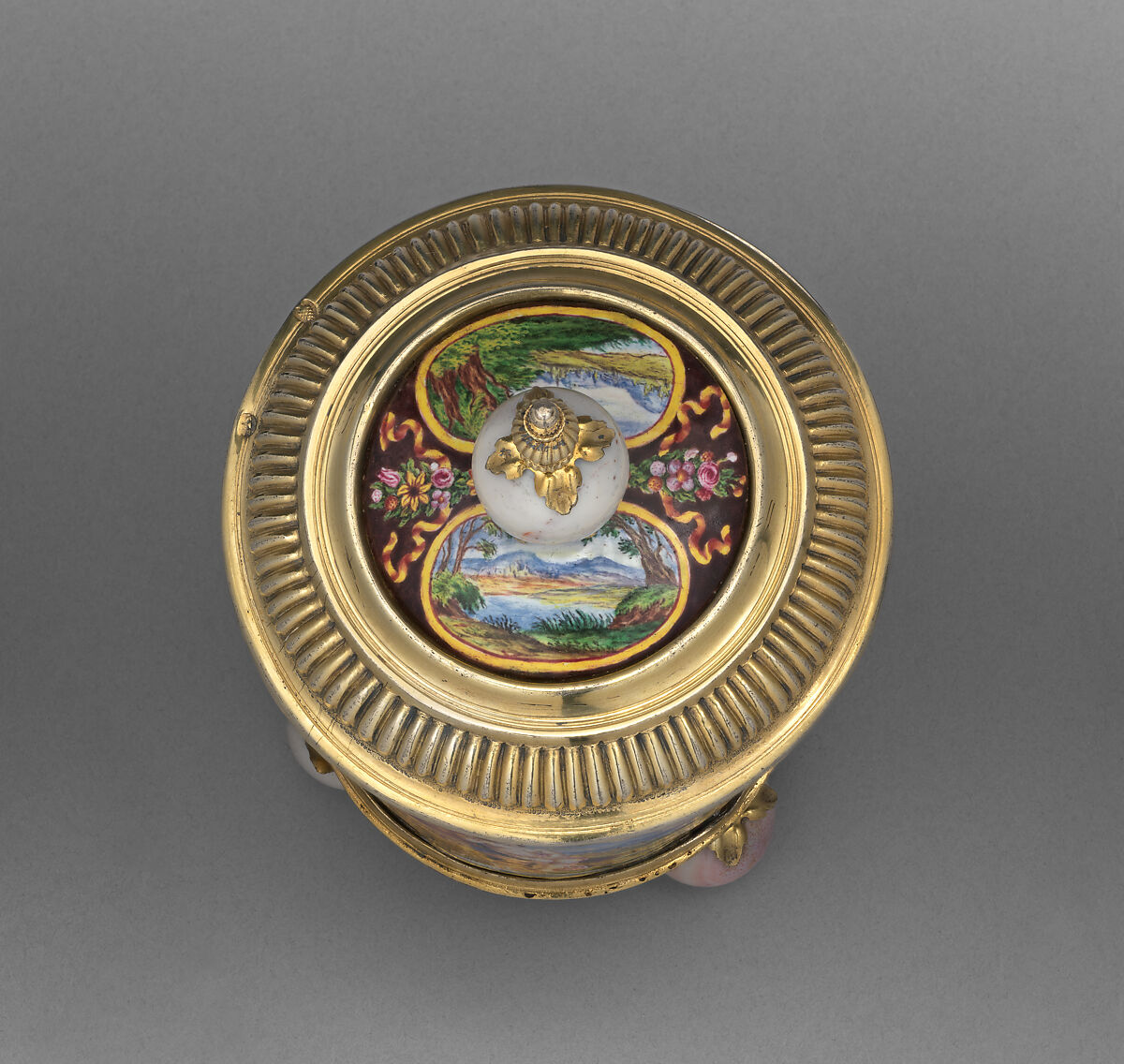 Lidded beaker, Georg Lorenz Warnberger (German, master 1714), Gilded silver, painted enamel on copper, agate, German, Augsburg
