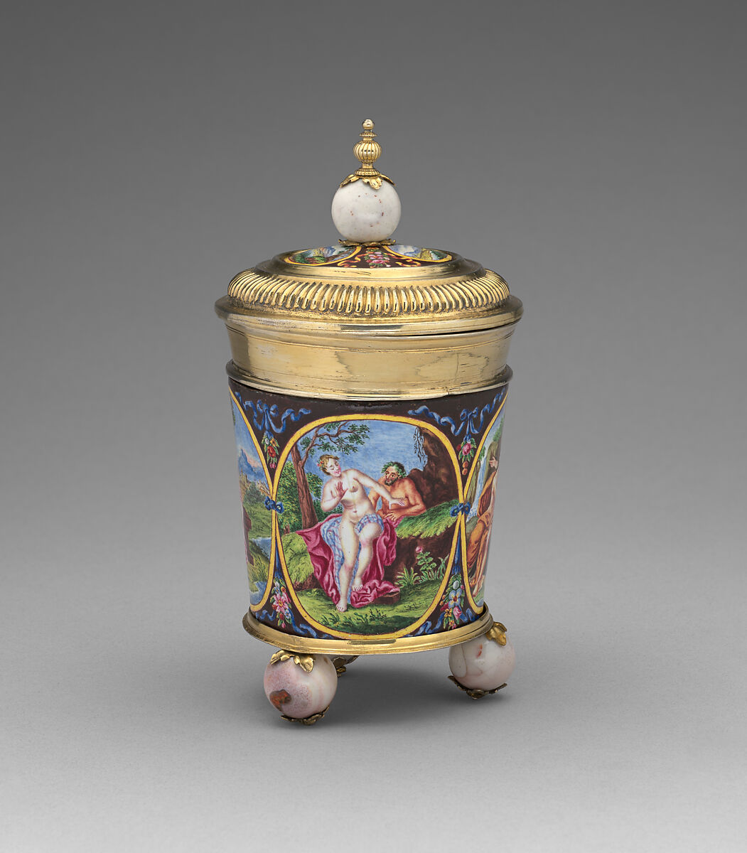 Lidded beaker, Georg Lorenz Warnberger (German, master 1714), Gilded silver, painted enamel on copper, agate, German, Augsburg