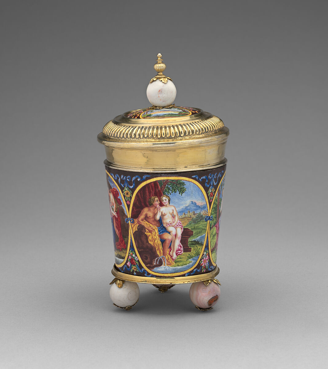 Lidded beaker, Georg Lorenz Warnberger (German, master 1714), Gilded silver, painted enamel on copper, agate, German, Augsburg