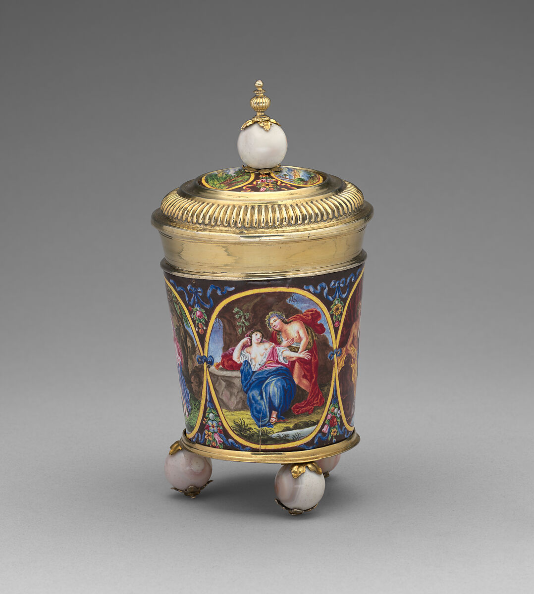 Lidded beaker, Georg Lorenz Warnberger (German, master 1714), Gilded silver, painted enamel on copper, agate, German, Augsburg