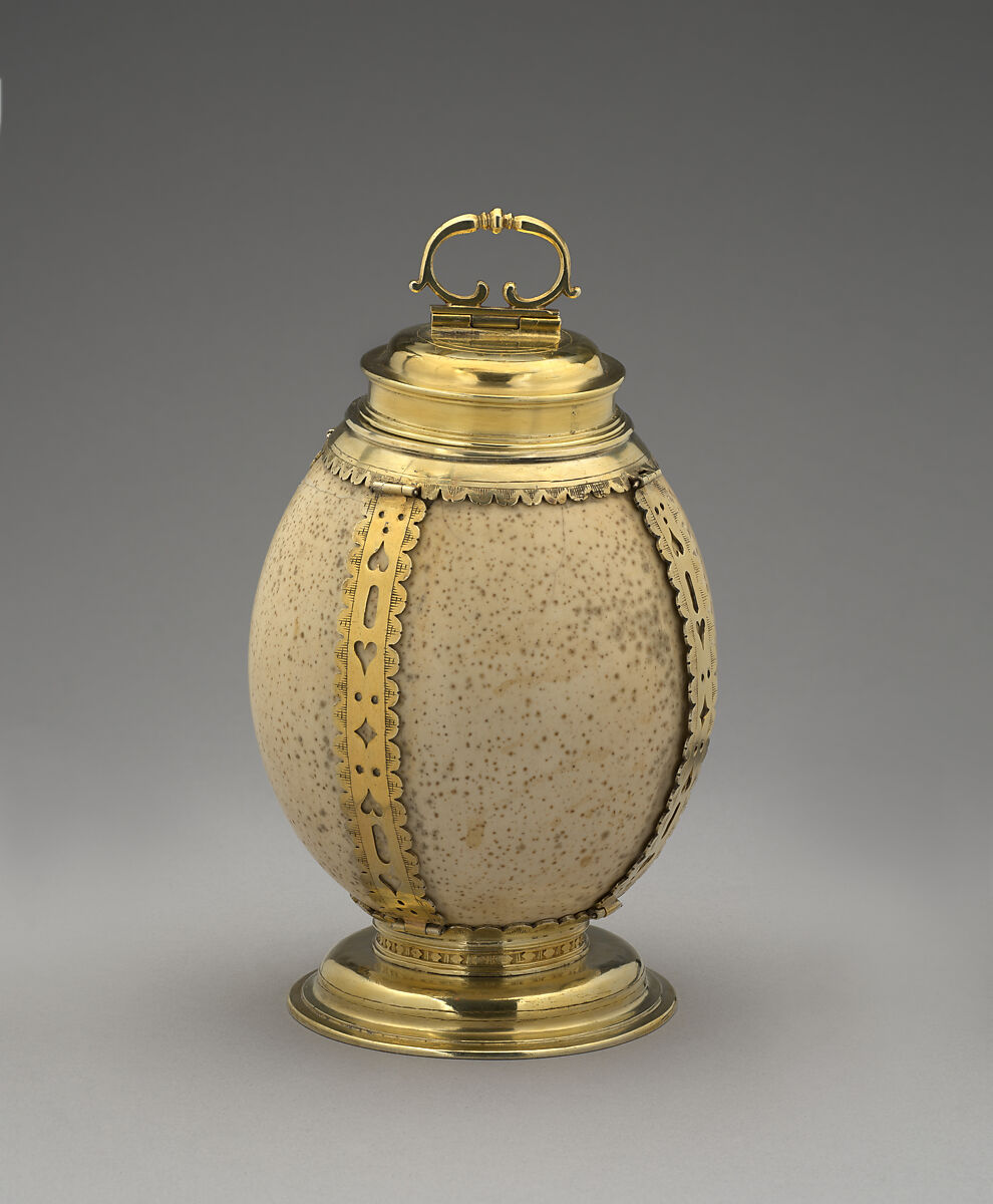 Ostrich egg screw-top flask, Unknown Maker  , probably South German, Ostrich egg, gilded silver, South German