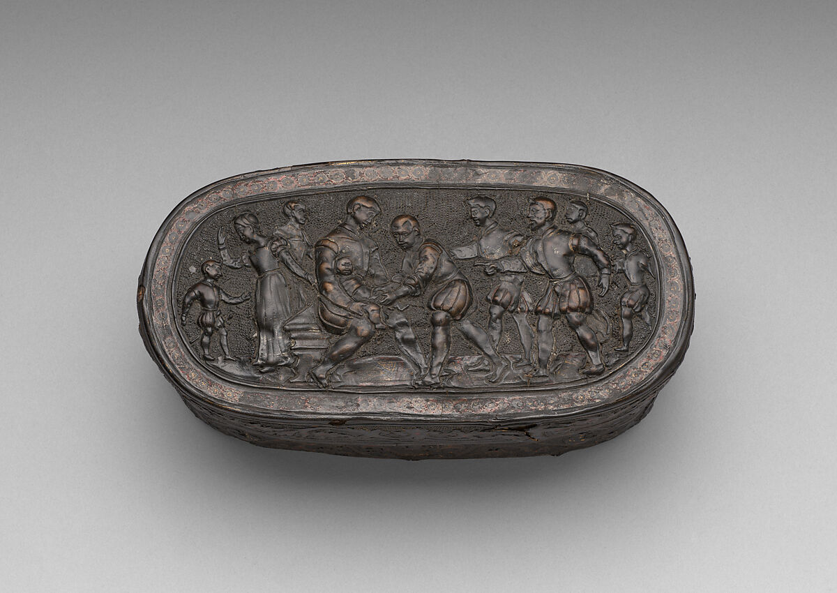 Box for circumcision instruments, Leather (cuir bouilli), moulded and tooled, with traces of red polychromy and gilding, wooden carcass (conifer), painted interior, Northern Italian or Flemish