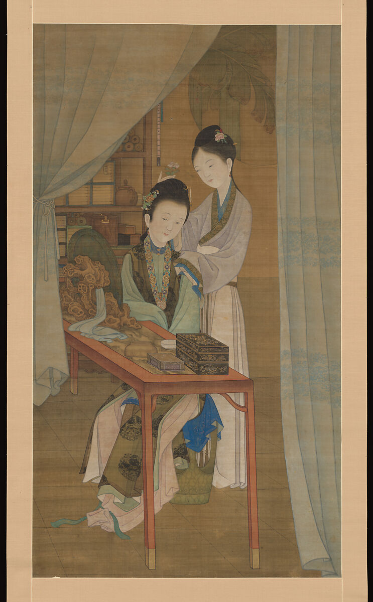 Woman at her dressing table, Attributed to Leng Mei (Chinese, active 1677–1742), Hanging scroll; ink and color on silk, China 