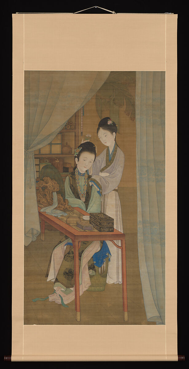 Woman at her dressing table, Attributed to Leng Mei (Chinese, active 1677–1742), Hanging scroll; ink and color on silk, China