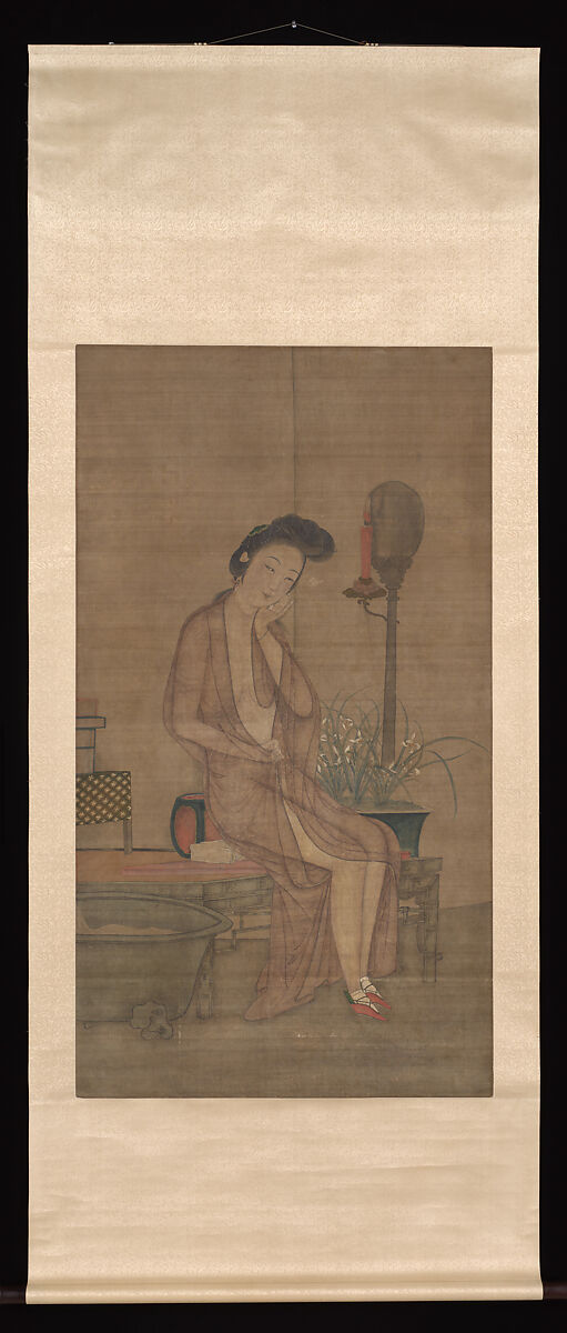 Beauty about to bathe, Unidentified artist  , Chinese, 18th century, Hanging scroll; ink and color on silk, China