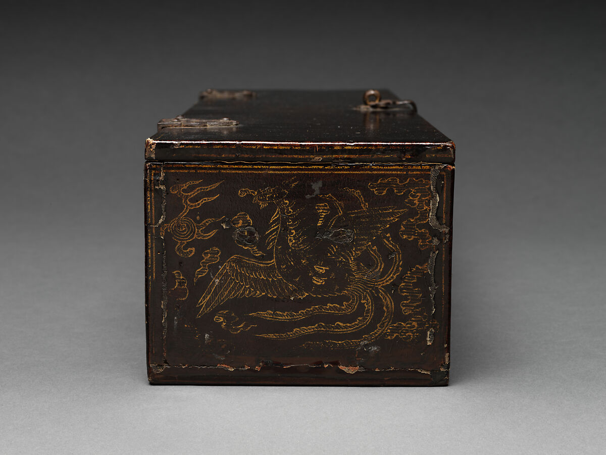 Black lacquer box with phoenix designs, Lacquer with gold paint and metal fittings, Korea