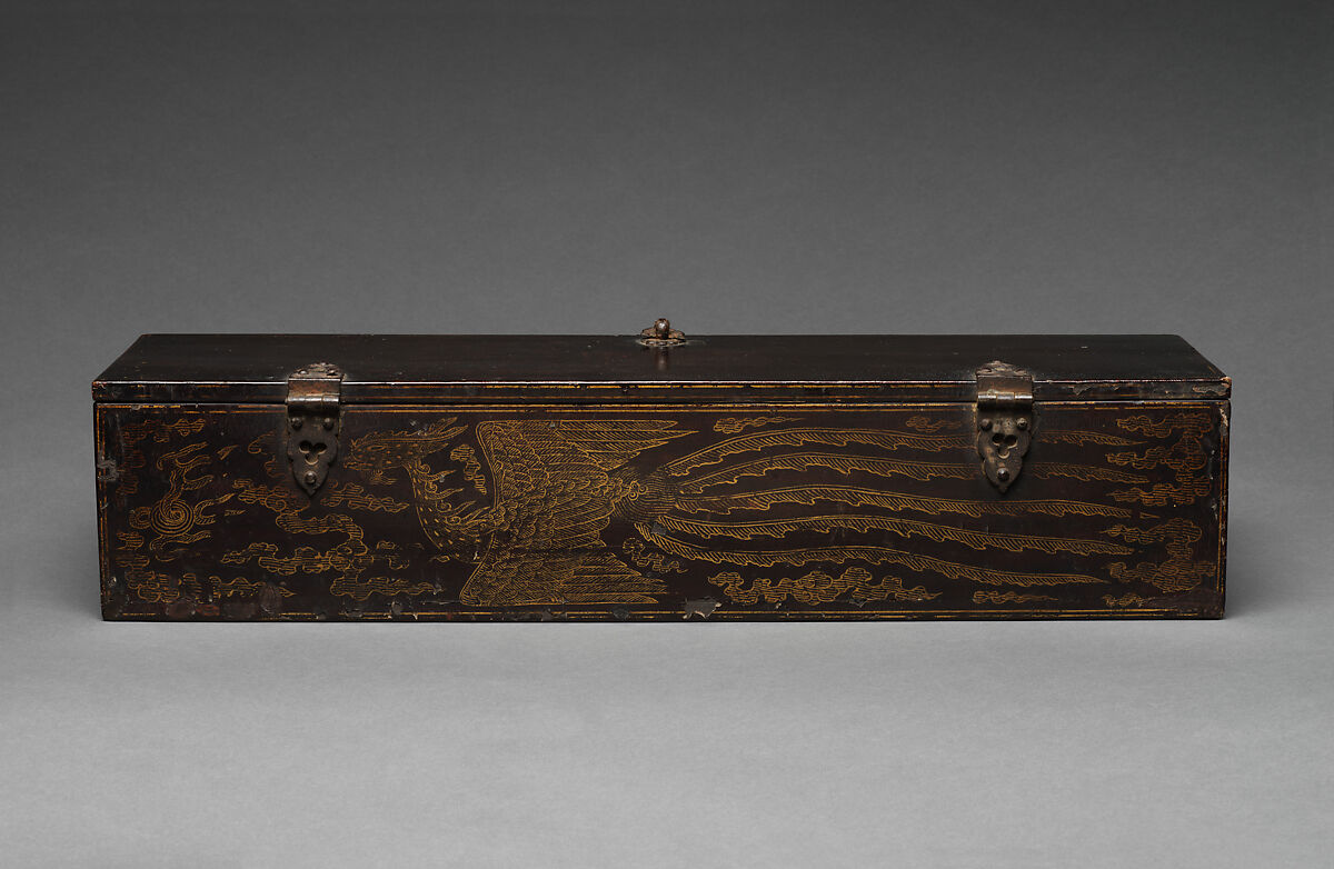 Black lacquer box with phoenix designs, Lacquer with gold paint and metal fittings, Korea