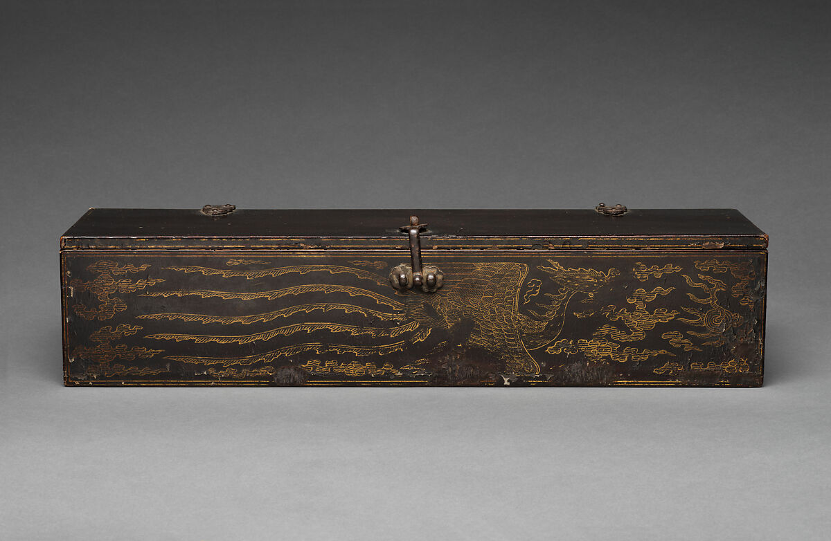 Black lacquer box with phoenix designs, Lacquer with gold paint and metal fittings, Korea