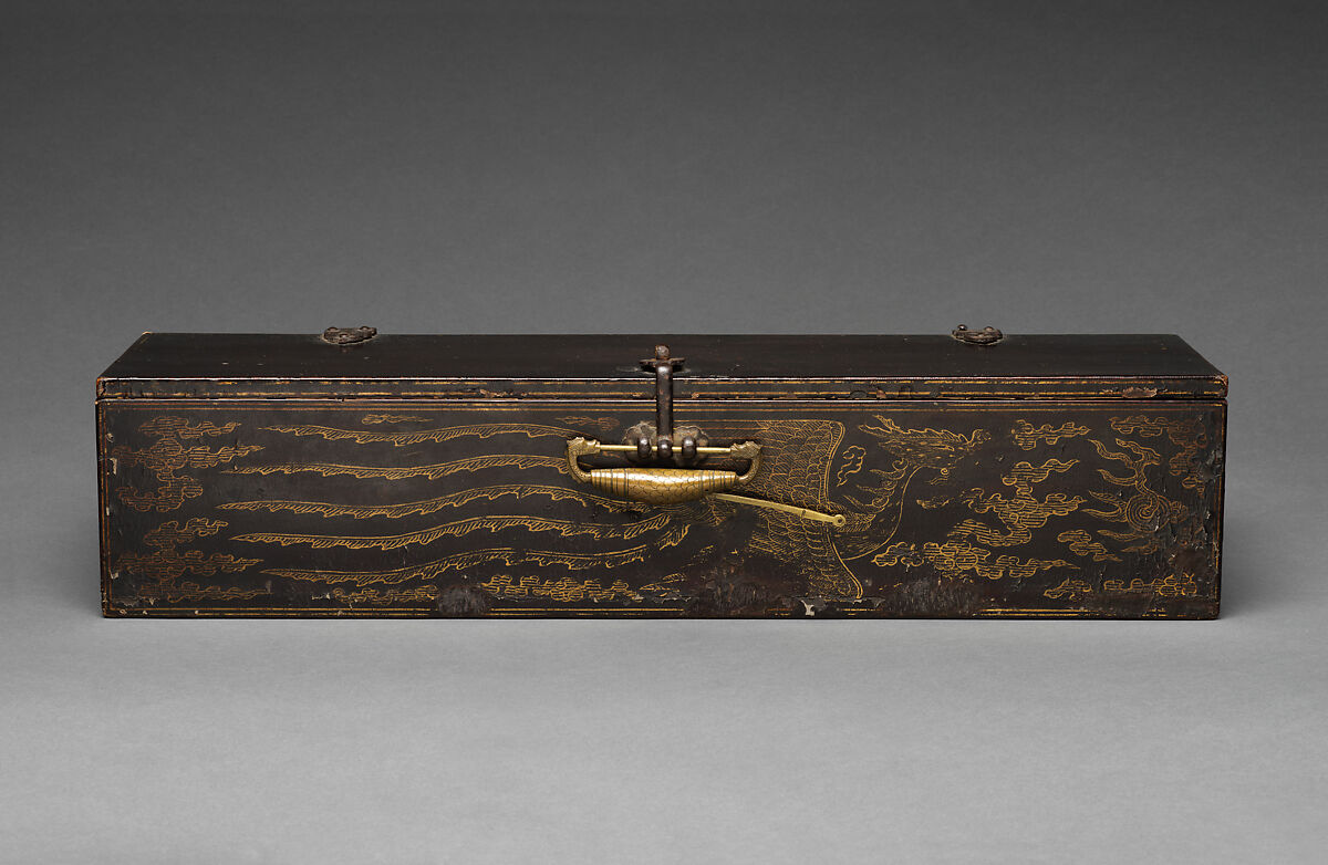 Black lacquer box with phoenix designs, Lacquer with gold paint and metal fittings, Korea