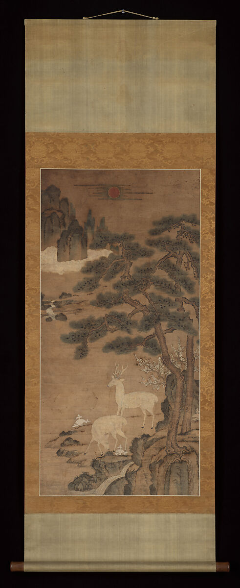 Deer amid pines, Unidentified artist  , Korean, Hanging scroll; ink and color on paper, Korea