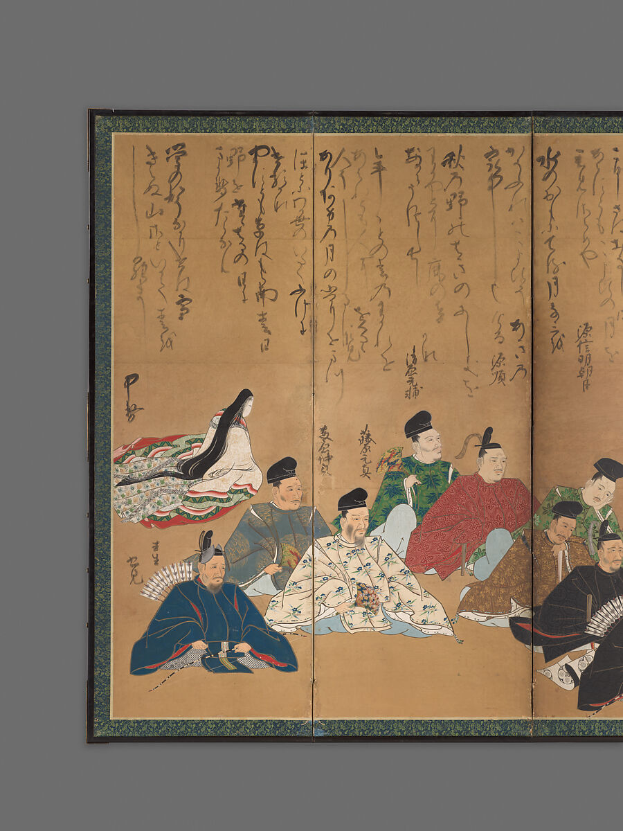 The Thirty-Six Poetic Immortals, Painting by Studio of Kano Takanobu (Japanese, 1571–1618), Pair of six-panel folding screens; ink, color, gold, and silver on paper, Japan