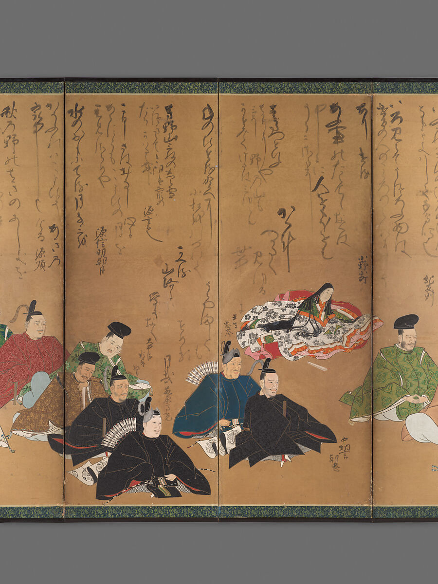 The Thirty-Six Poetic Immortals, Painting by Studio of Kano Takanobu (Japanese, 1571–1618), Pair of six-panel folding screens; ink, color, gold, and silver on paper, Japan