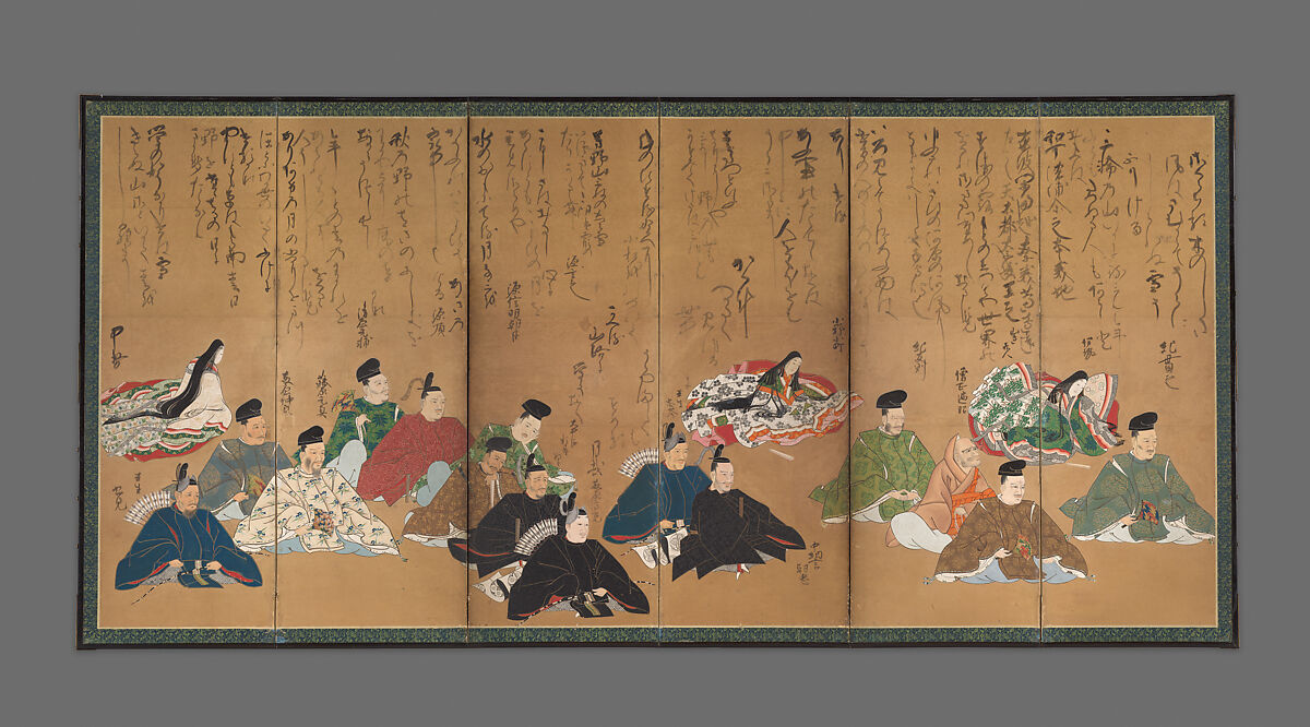The Thirty-Six Poetic Immortals, Painting by Studio of Kano Takanobu (Japanese, 1571–1618), Pair of six-panel folding screens; ink, color, gold, and silver on paper, Japan