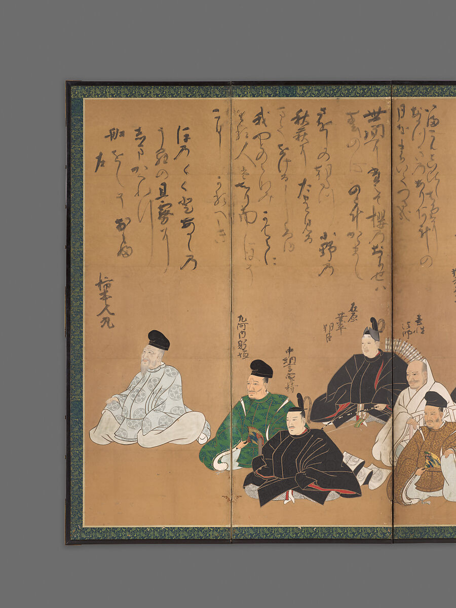 The Thirty-Six Poetic Immortals, Painting by Studio of Kano Takanobu (Japanese, 1571–1618), Pair of six-panel folding screens; ink, color, gold, and silver on paper, Japan
