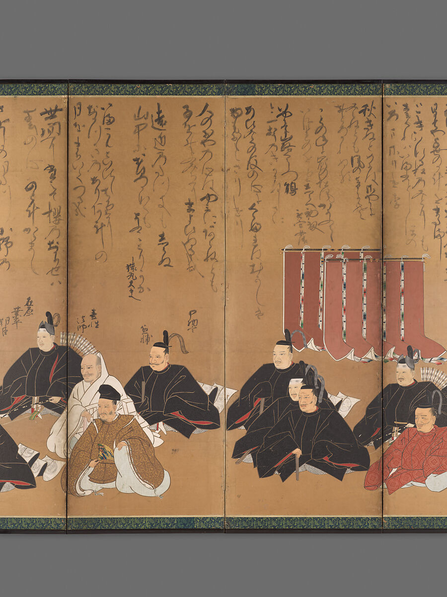 The Thirty-Six Poetic Immortals, Painting by Studio of Kano Takanobu (Japanese, 1571–1618), Pair of six-panel folding screens; ink, color, gold, and silver on paper, Japan