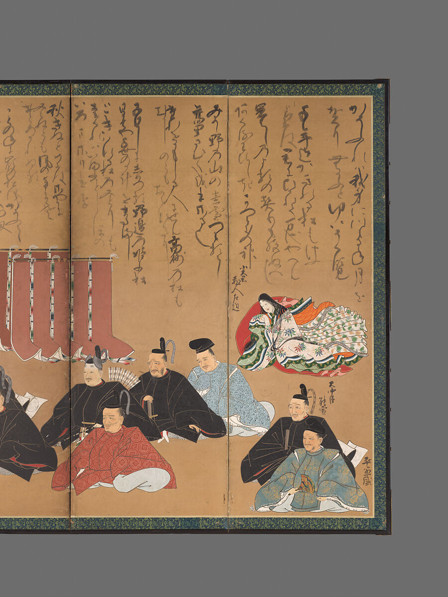 The Thirty-Six Poetic Immortals, Painting by Studio of Kano Takanobu (Japanese, 1571–1618), Pair of six-panel folding screens; ink, color, gold, and silver on paper, Japan