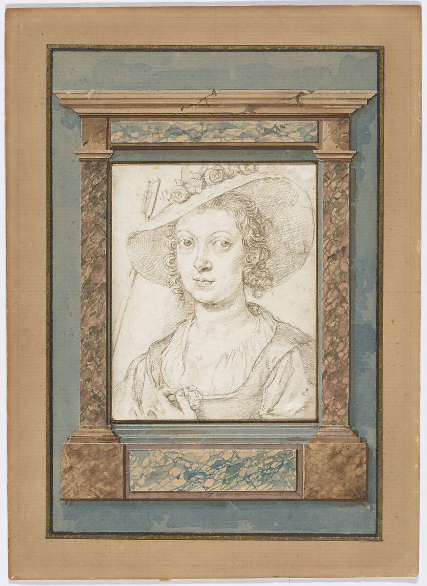Portrait of a woman as a shepherdess, Crispijn de Passe the Younger (Dutch, Cologne ca. 1594–1670 Amsterdam), Metalpoint on prepared parchment (tafelet), inset into a nineteenth-century painted mount