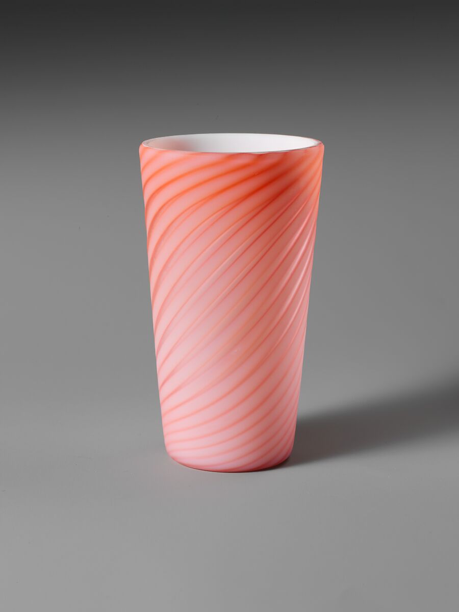 Tumbler, Blown satin peach and pink glass, British 