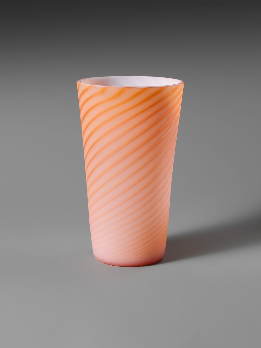 Tumbler, Blown satin peach and pink glass, British 