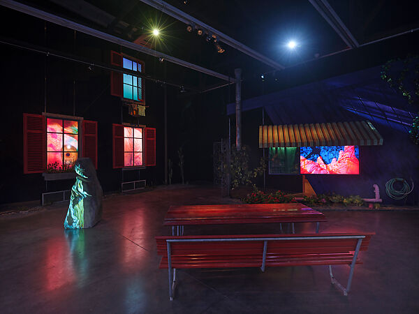 Neighbors Without Fences, Pipilotti Rist (Swiss, born Rheintal 1962), Eight-channel digital video installation, color, sound, durations variable; wood, paint, limestone, props