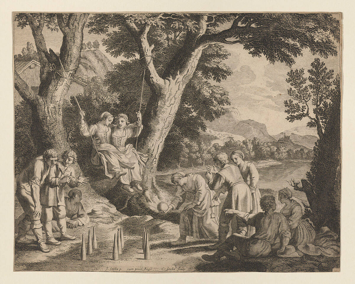 Le jeu de quilles et de l’escarpolette (A Game of Boule), Claudine Bouzonnet Stella (French, Lyons 1636–1697 Paris), Etching and engraving 