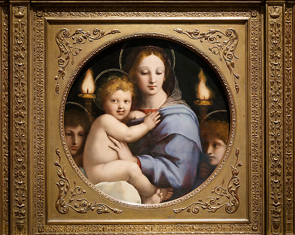 The Virgin and Child with Angels (The Madonna of the Candelabra), Raphael (Raffaello Sanzio or Santi)  Italian, Oil on poplar wood (two members; thickness reduced, panel cradled, size cut down)