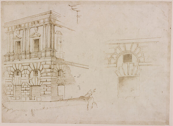 View of the Palazzo Caprini from a Corner; Detail of the Opening of One Bay, Raphael (Raffaello Sanzio or Santi)  Italian, Pen and brown ink, over leadpoint or black chalk, some ruling and compass work