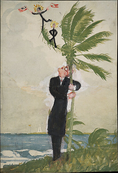 Henry McBride on Winslow Homer, Florine Stettheimer (American, Rochester, New York 1871–1944 New York, New York), Gouache over graphite on half-tone relief print on paper with strips of gold-toned paper adhered around perimeter, American