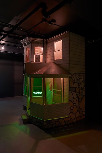 Two Stories with Porch (for Robert Cobuzio), Donna Dennis (American, born Springfield, Ohio 1942), Acrylic and enamel on wood and Masonite, with glass, wallpaper, cellulose compound, metal screen, plastic, neon and incandescent light