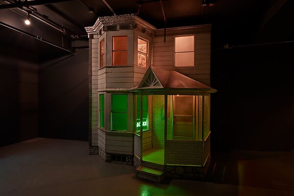 Two Stories with Porch (for Robert Cobuzio), Donna Dennis (American, born Springfield, Ohio 1942), Acrylic and enamel on wood and Masonite, with glass, wallpaper, cellulose compound, metal screen, plastic, neon and incandescent light