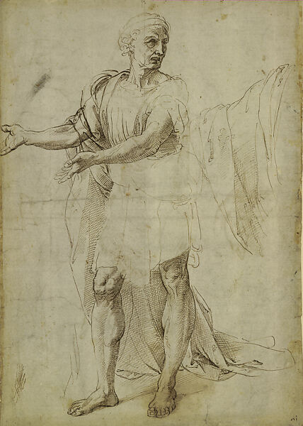 Study for a Standing Figure of a Poet (Horace?) in the Parnassus, Stanza della Segnatura (recto); Studies of Hands and Drapery (verso), Raphael (Raffaello Sanzio or Santi)  Italian, Pen and brown ink