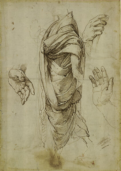 Study for a Standing Figure of a Poet (Horace?) in the Parnassus, Stanza della Segnatura (recto); Studies of Hands and Drapery (verso), Raphael (Raffaello Sanzio or Santi) (Italian, Urbino 1483–1520 Rome), Pen and brown ink