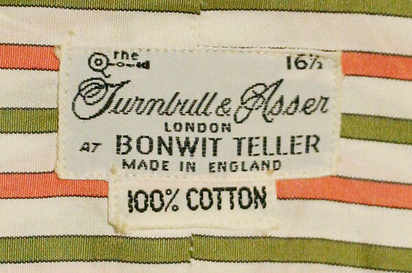 Shirt, Turnbull &amp; Asser (British, founded 1885), cotton, British
