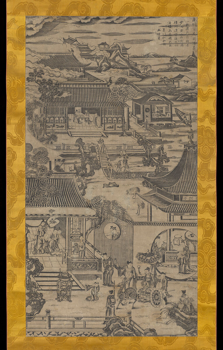 A Scenic View of Minghuang’s Gardens, Hanging scroll; woodblock print; ink on paper, China 