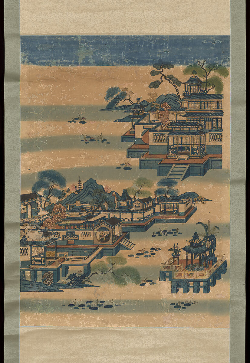 Scenic Spots of Zhenjiang, Hanging scroll; woodblock print; ink on paper with additional hand coloring, China 