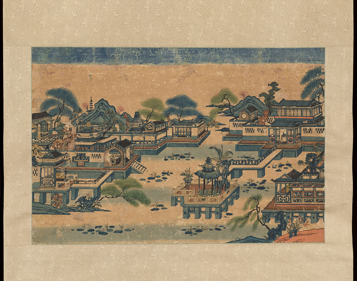 Scenic Spots of Zhenjiang, Hanging scroll; woodblock print; ink on paper with additional hand coloring, China 