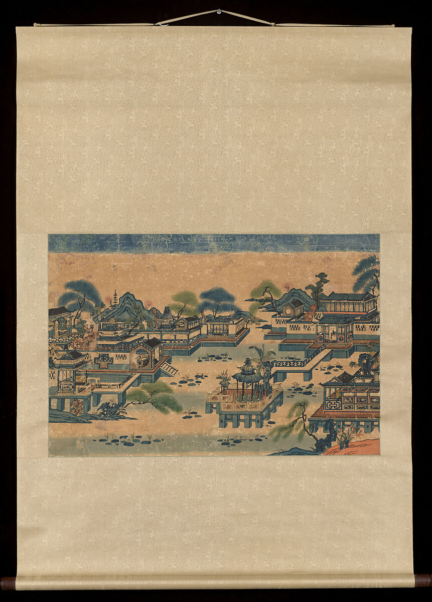 Scenic Spots of Zhenjiang, Hanging scroll; woodblock print; ink on paper with additional hand coloring, China, Suzhou