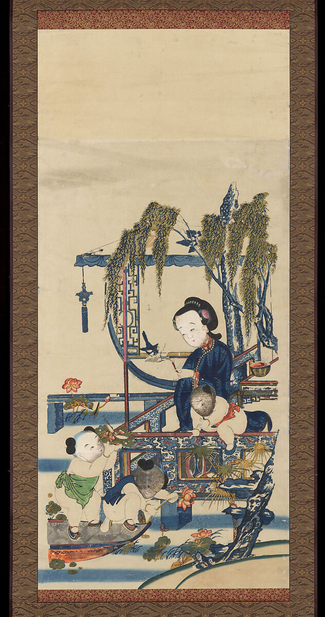 Boys Picking Lotus, Hanging scroll; woodblock print; ink on paper with additional hand coloring, China