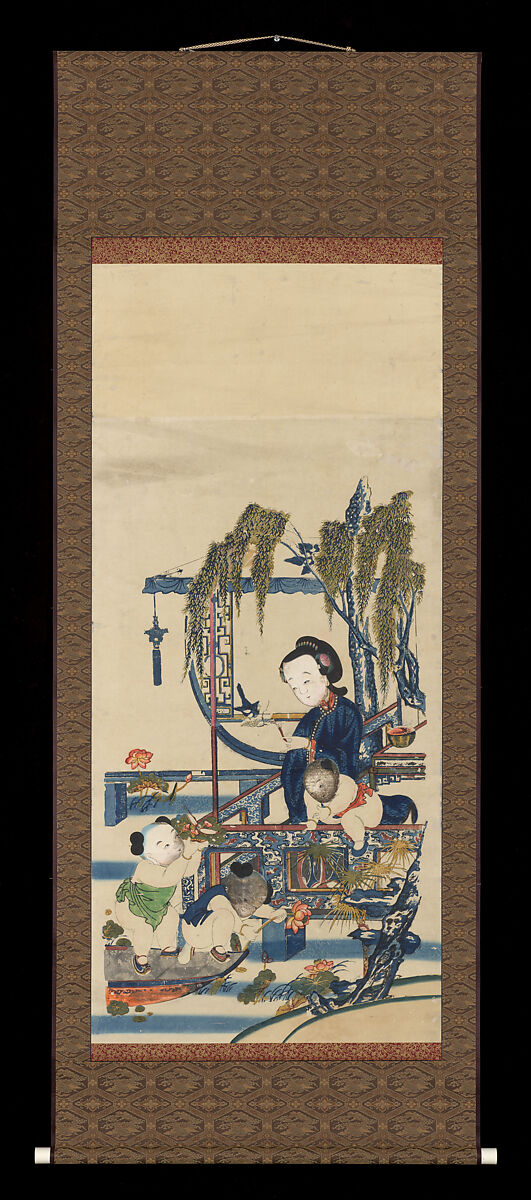 Boys Picking Lotus, Hanging scroll; woodblock print; ink on paper with additional hand coloring, China, Suzhou