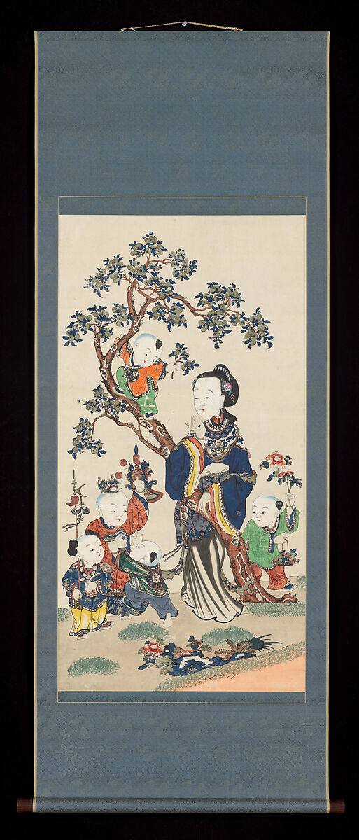 May You Soon Bear Noble Sons, Hanging scroll; woodblock print; printed in black outline with printed and hand-painted color, China